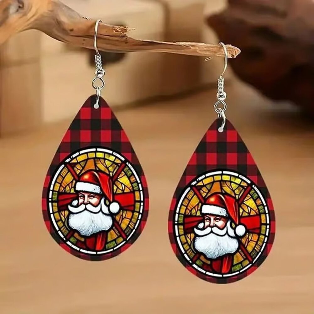 Plaid SANTA CLAUS Christmas Dangle Earrings